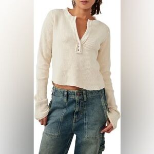 Free People Colt Long-Sleeve Waffle Knit Henley in Ecru